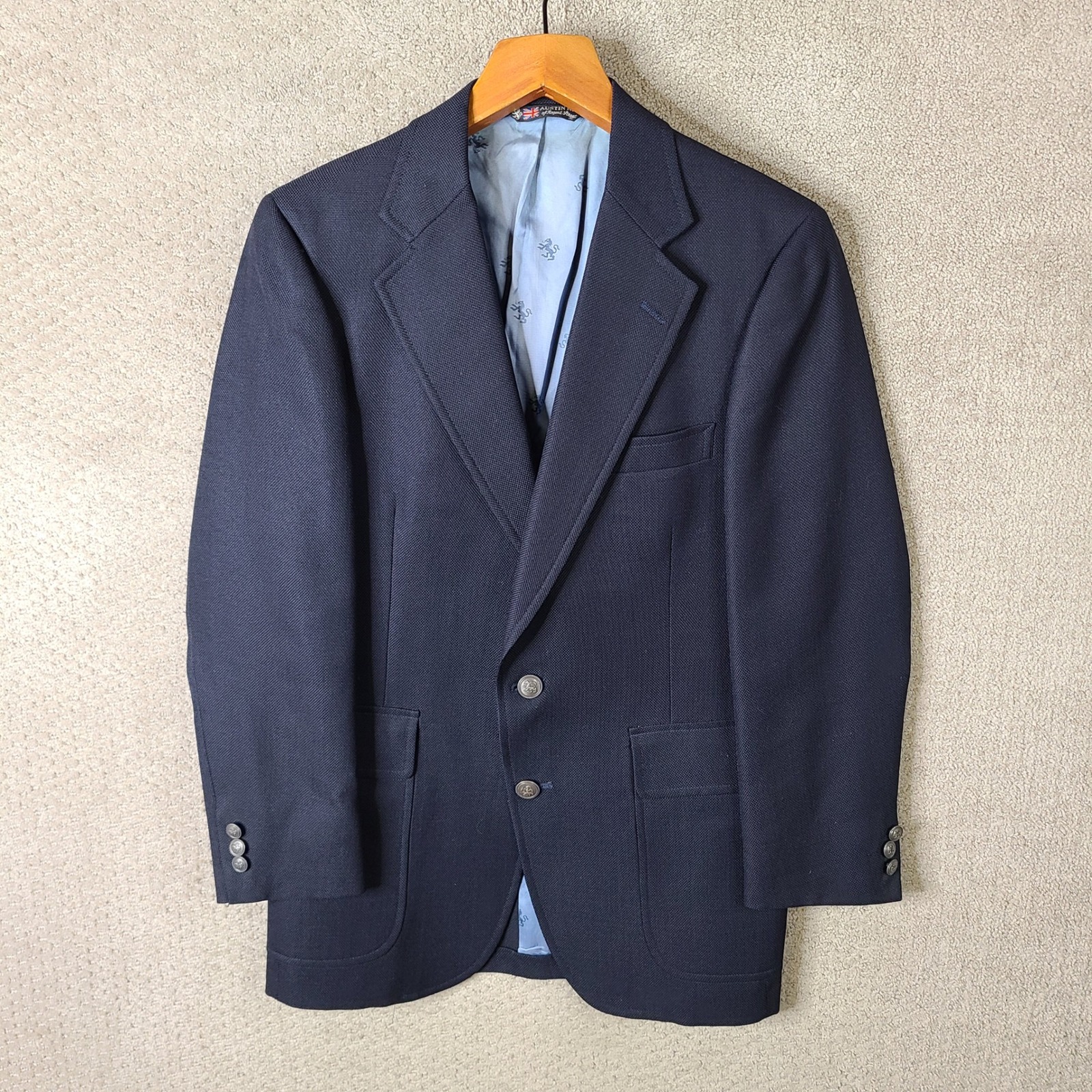 Vintage Austin Reed Jacket Mens 40r Blue Sport Coat Crested Pewter Buttons